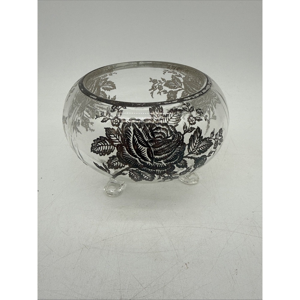 Vintage Viking Clear 3 Footed Flowerlite Rose Bowl Princess Rose Silver Overlay